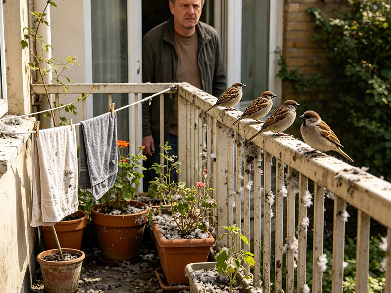 Birds gathering on a messy balcony railing