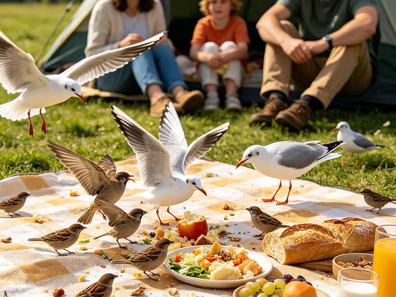 Birds interrupting an outdoor picnic