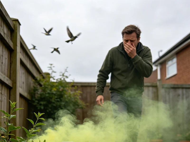 Homeowner reacting to a strong outdoor chemical odor
